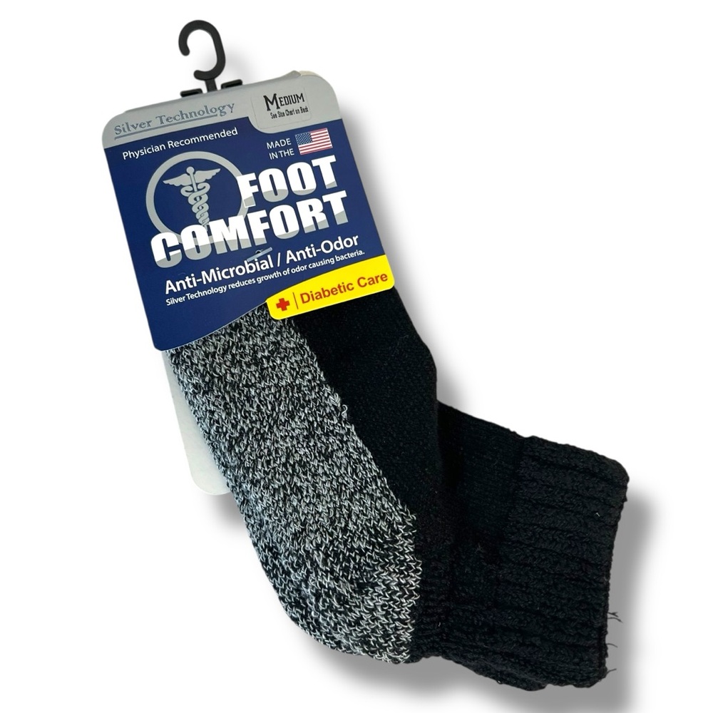 Foot Comfort Mens Size M 4.5-8 Black Gray Quarter Diabetic Socks USA Made 1 Pair